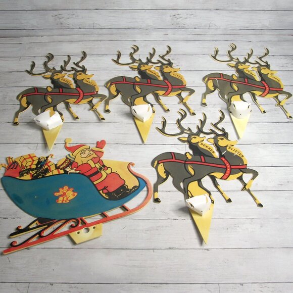 Vintage Santa Sleigh Reindeer Plastic Yard Ornament Lawn Stake Set MCM Christmas